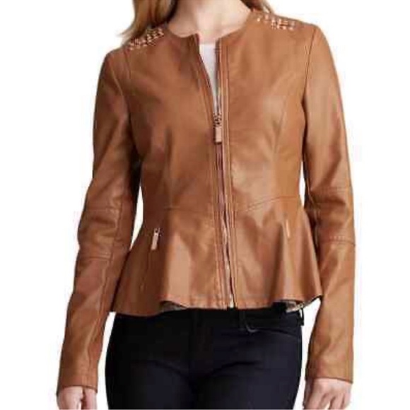 Guess Emily Faux Leather Brown Peplum Hem Lined Jacket w/ Rose Gold Small - Picture 2 of 5